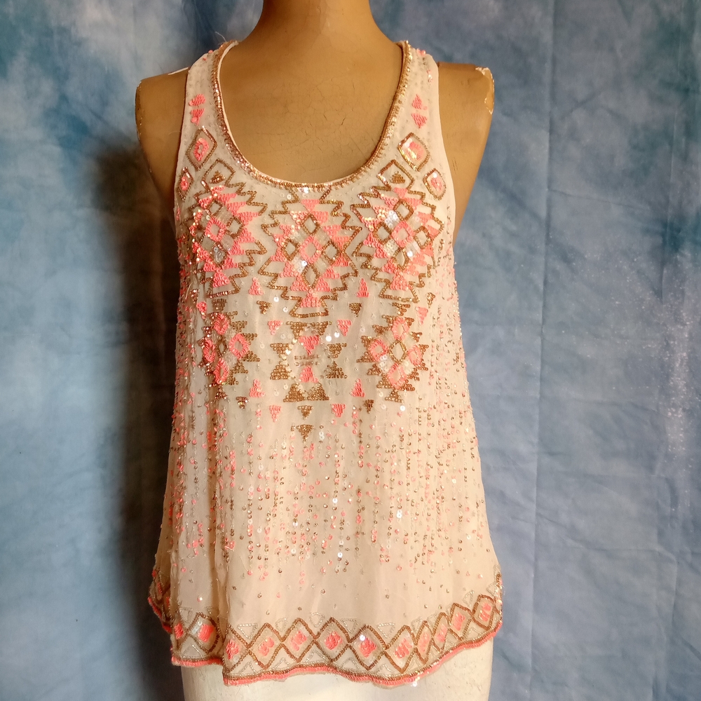 Forever New Cream and Pink Embellished Tank Top
